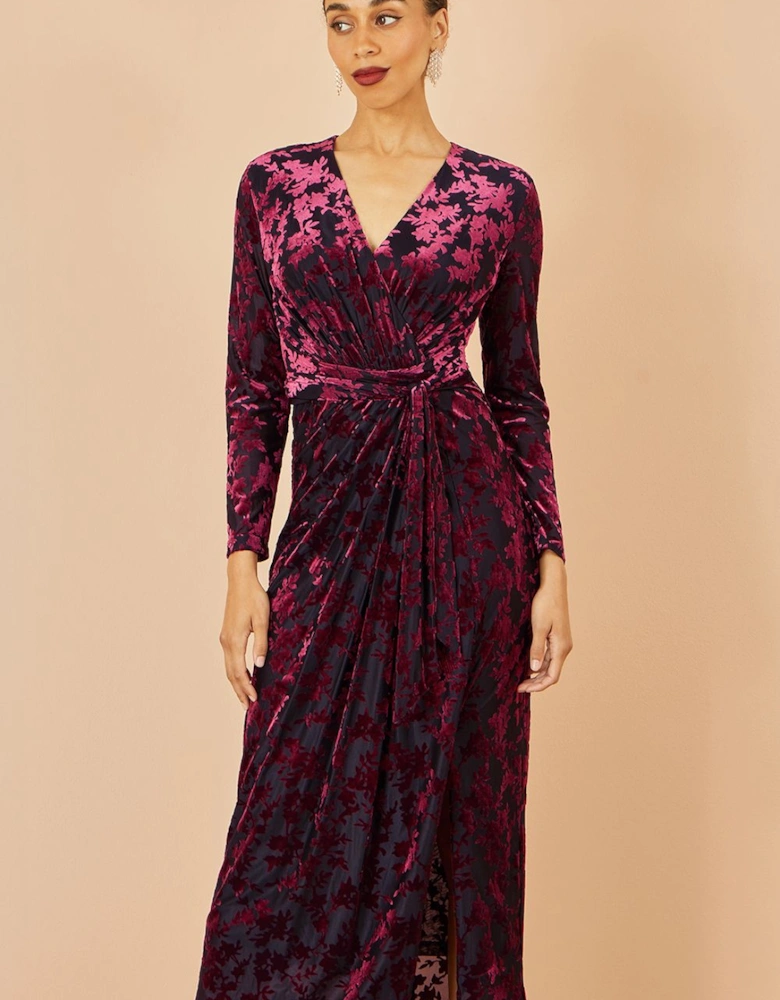 Burgundy Velour Stretch Midi Dress With Long Sleeves