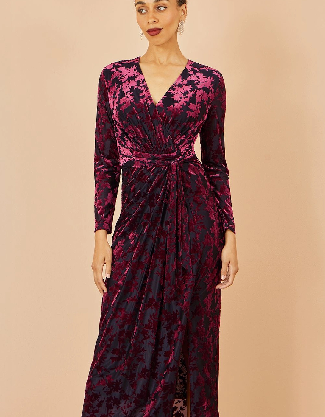 Burgundy Velour Stretch Midi Dress With Long Sleeves, 2 of 1