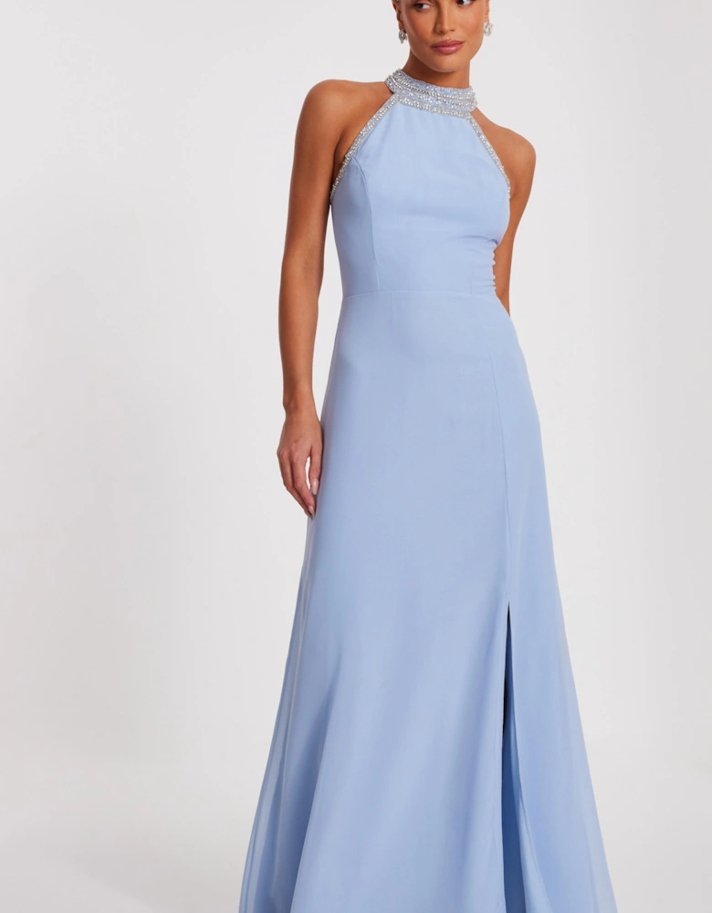 Light Blue Embellished Chiffon Maxi Dress