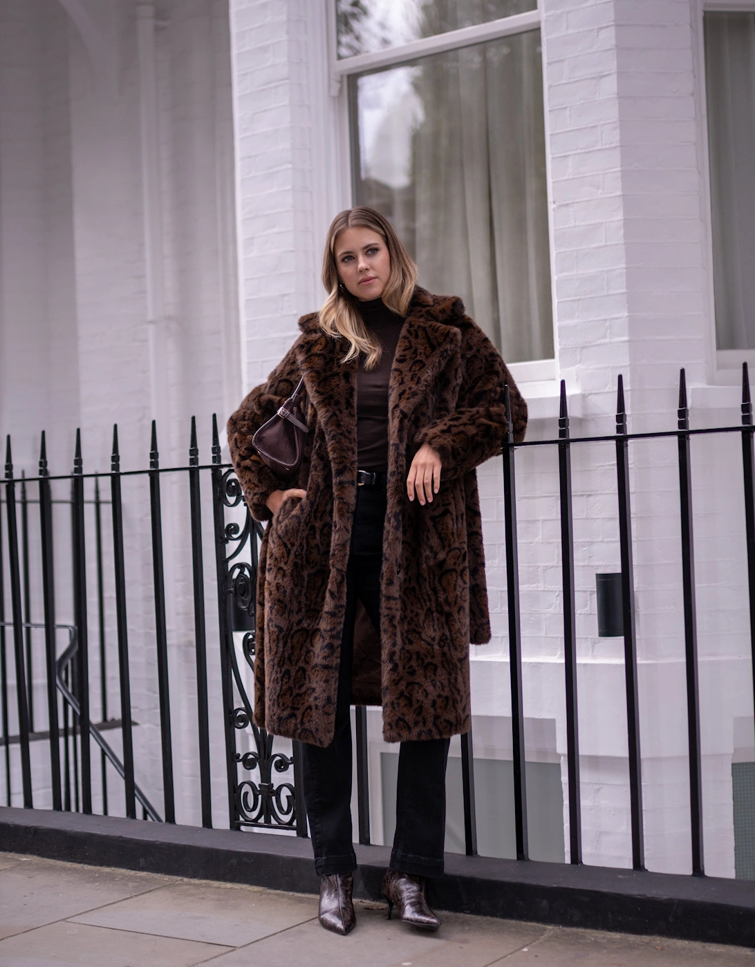 Gini London Women's Chocolate Leopard Print Premium Faux Fur Belted Coat - Brown - Size: 8/10