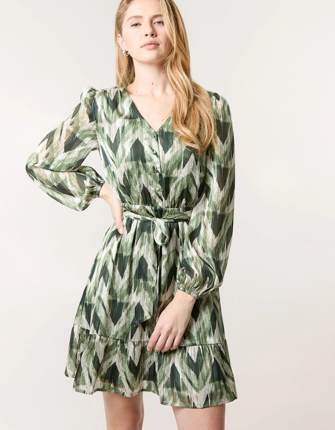 Metallic Zig Zag V Neck Belted Dress, 2 of 1