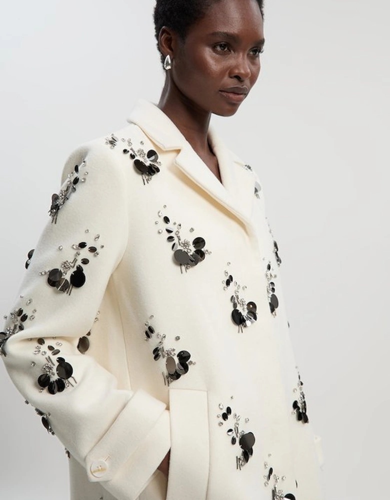 Wool Embellished Single Breasted Tailored Coat