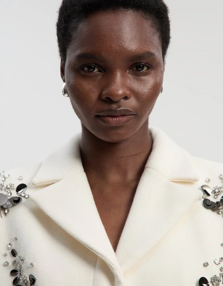 Wool Embellished Single Breasted Tailored Coat