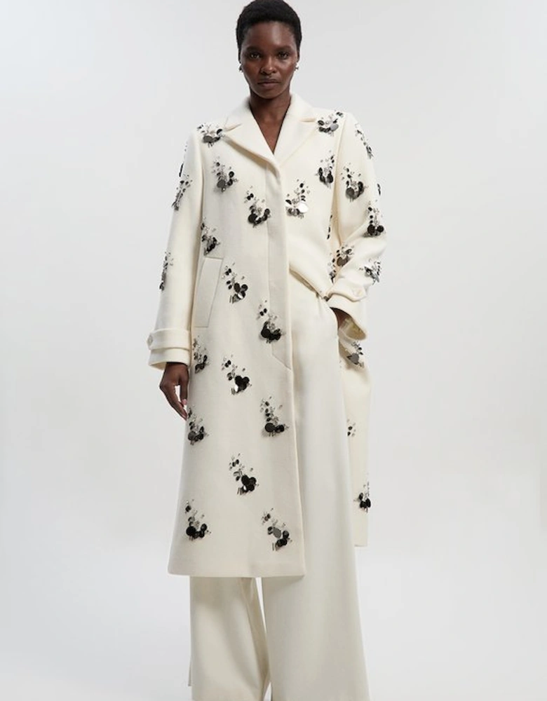 Wool Embellished Single Breasted Tailored Coat