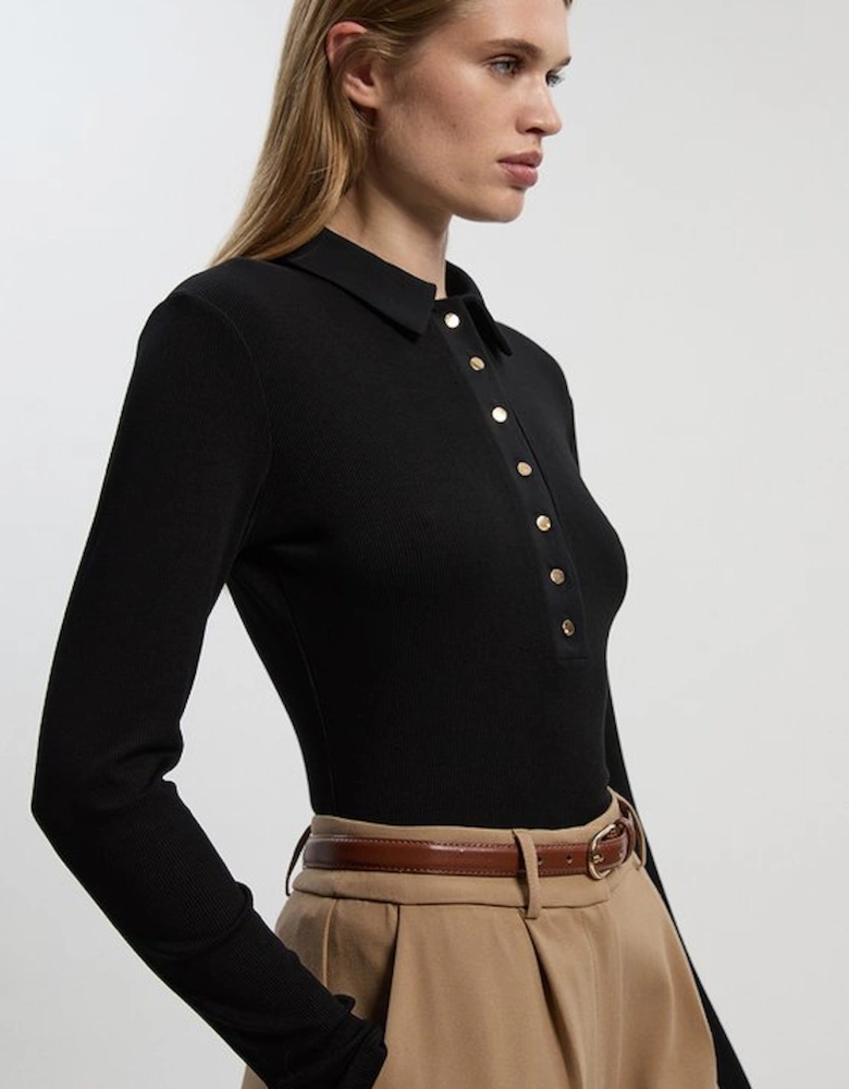 Viscose Rib Jersey Long Sleeve Collared Button Top
