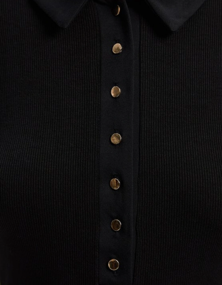 Viscose Rib Jersey Long Sleeve Collared Button Top