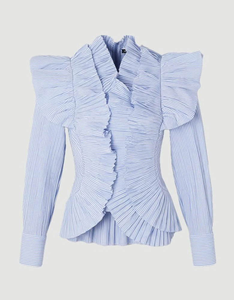 Stripe Pleated Ruffle Sleeve Woven Top