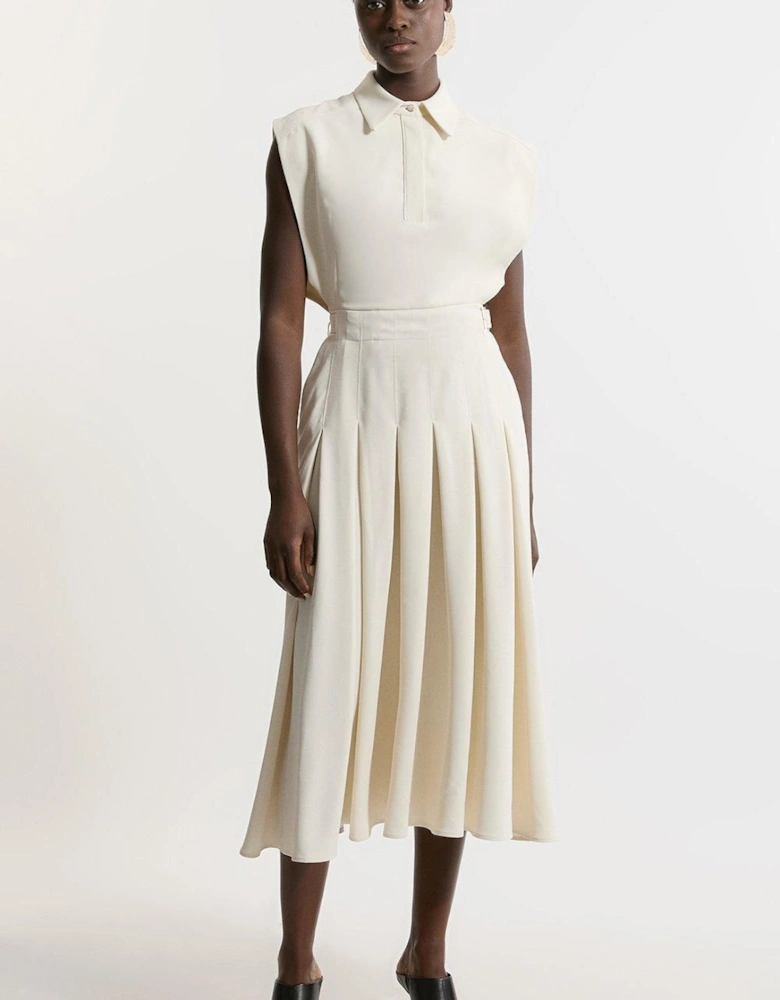 Structured Crepe Pleated Sleeveless Shirt Tailored Midi Dress