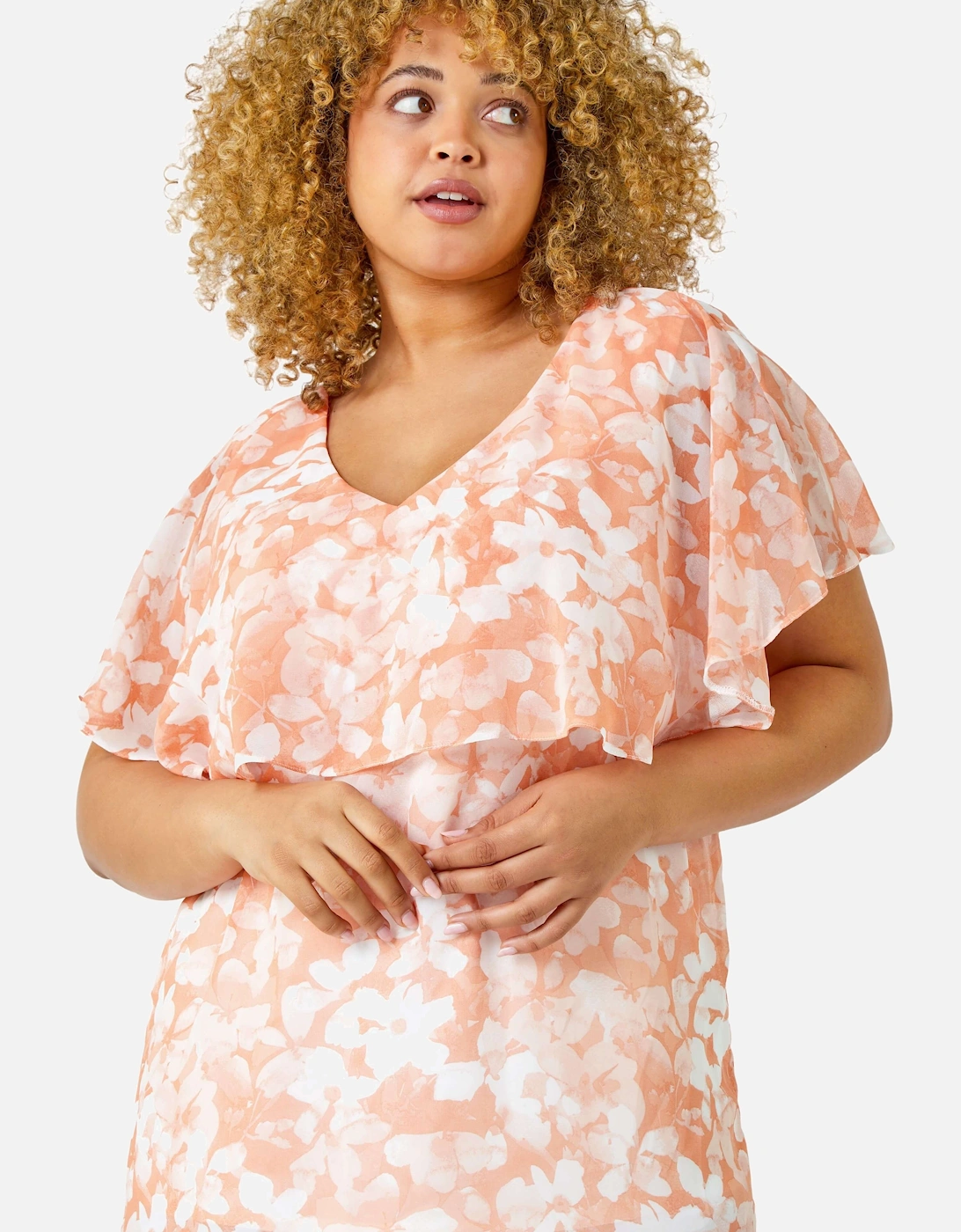 Curve Floral V-Neck Chiffon Overlay Top, 2 of 1