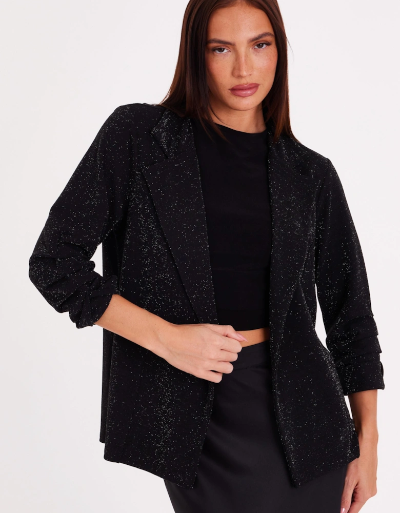 Black Glitter Ruched Sleeve Blazer