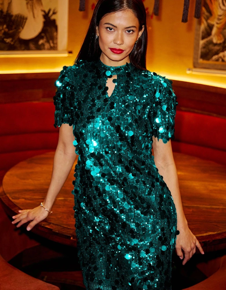 Green Big Sequin Tunic With Keyhole Neckline