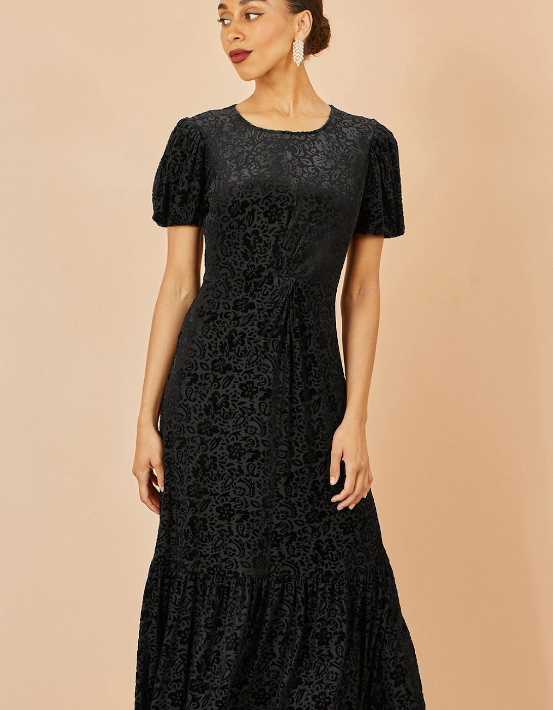 Black Floral Velour Velvet Twist Waist Midi Dress, 2 of 1