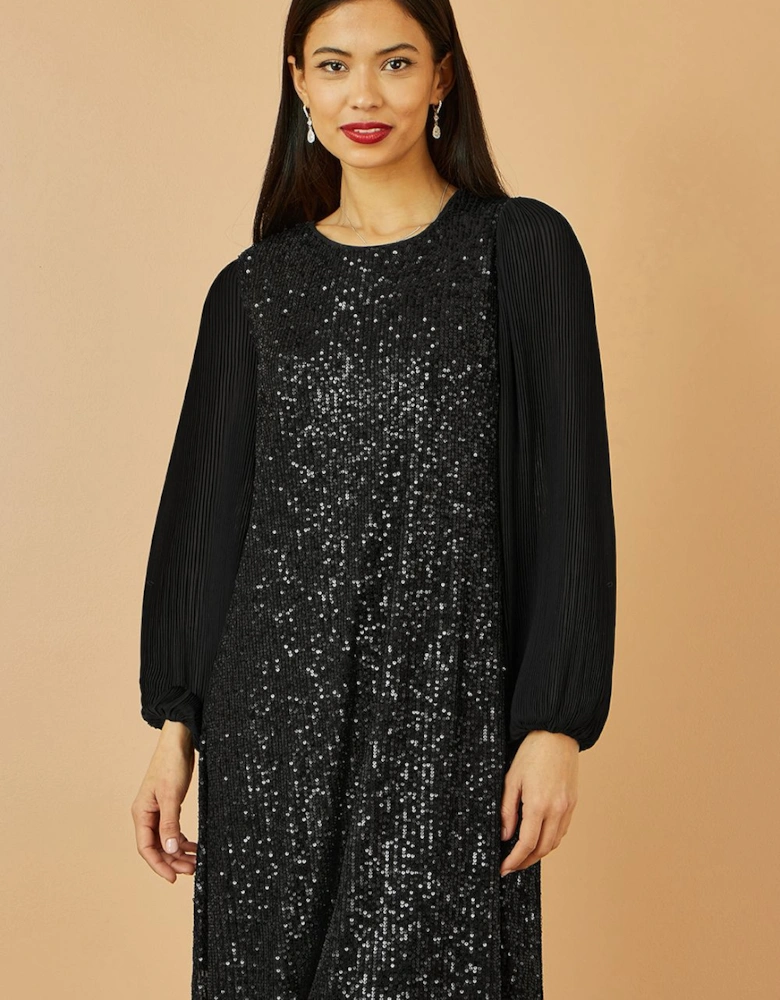 Black Velvet Sequin Tunic Dress With Long Pleated Sleeves