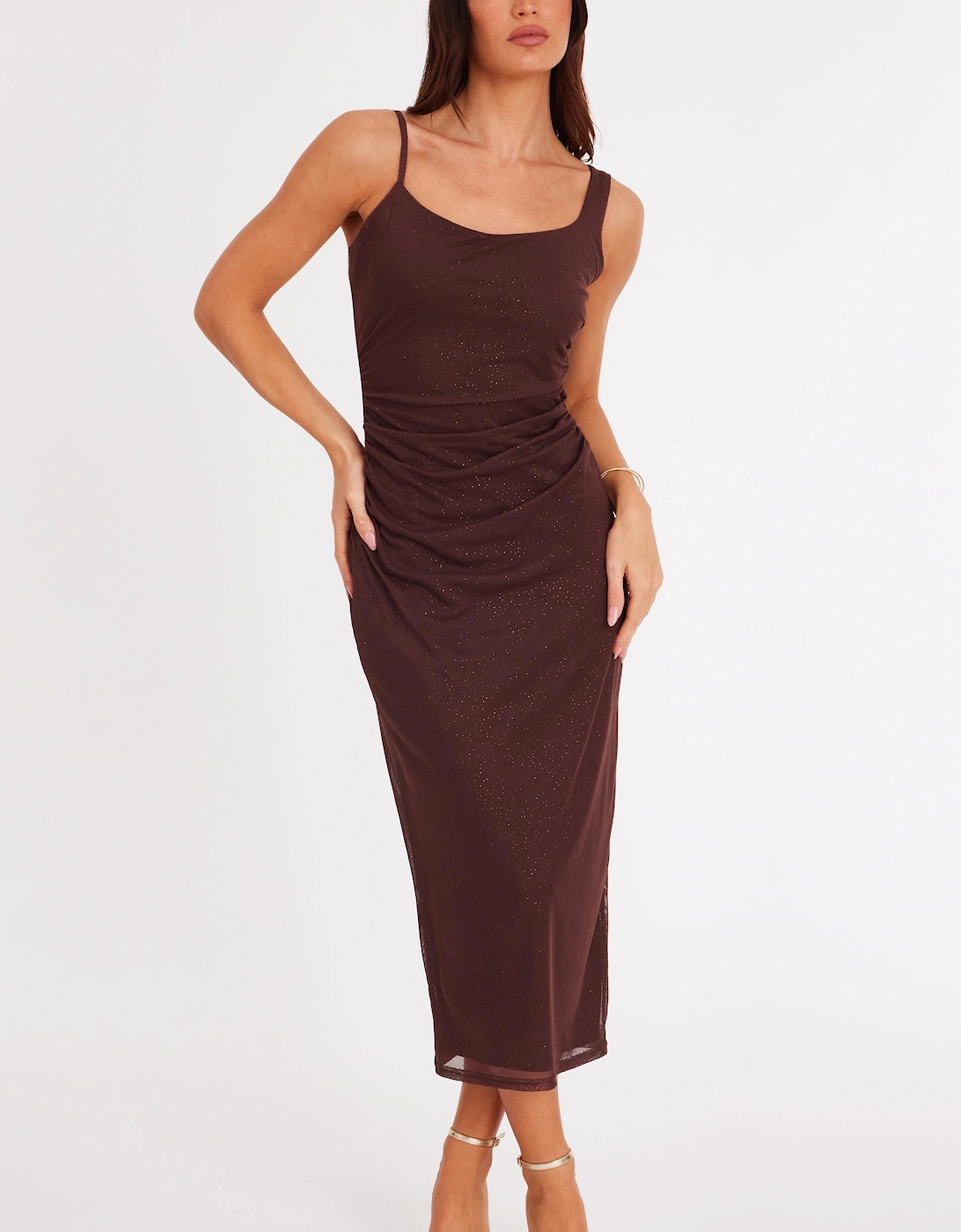 Brown Petite Glitter Ruffle Midaxi Dress, 2 of 1