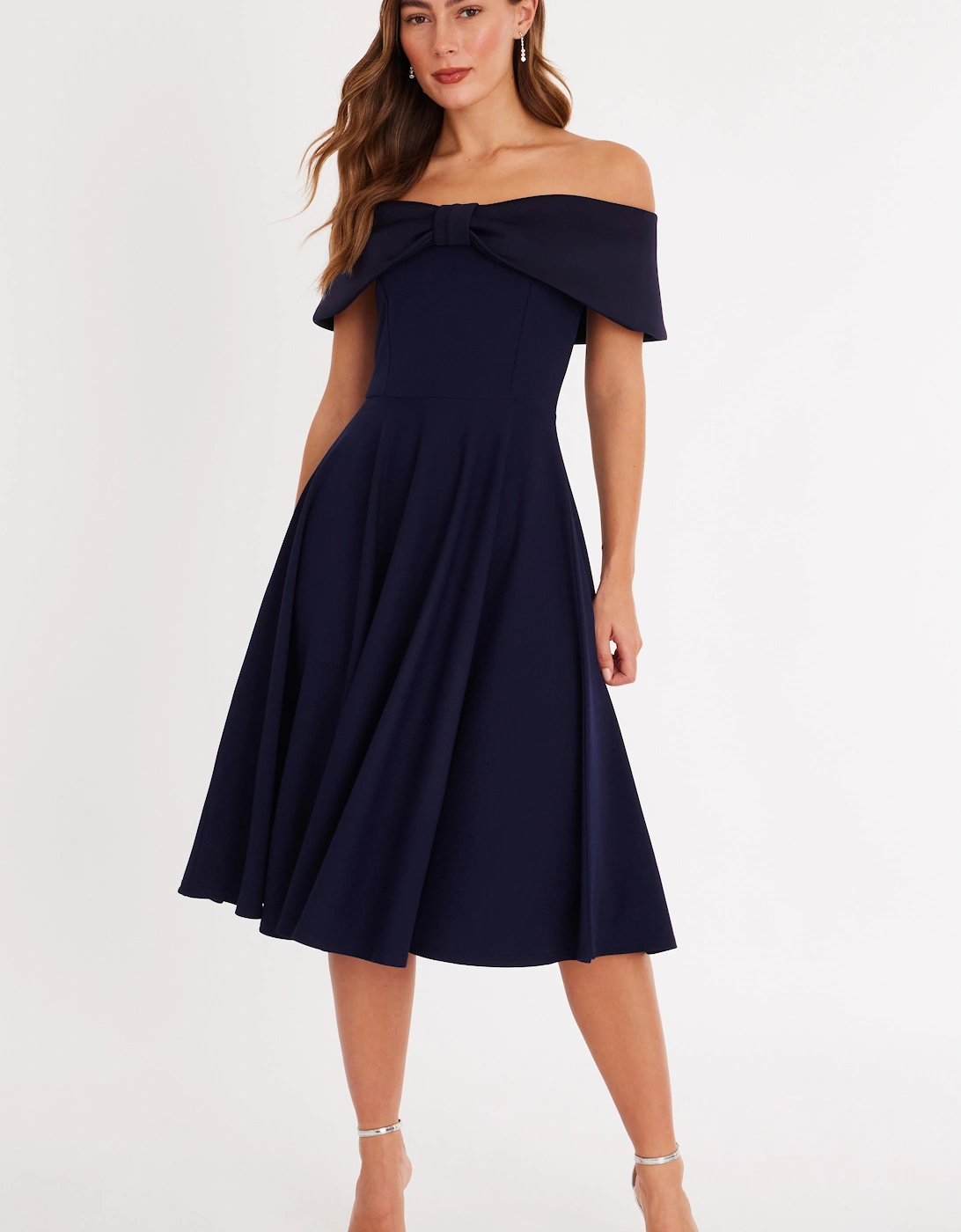 Navy Bow Bardot Midi Dress, 2 of 1