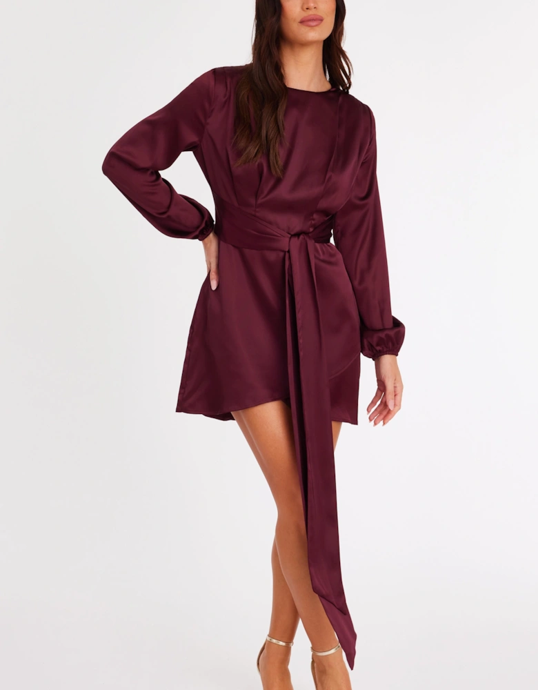 Wine Satin Draped Mini Dress