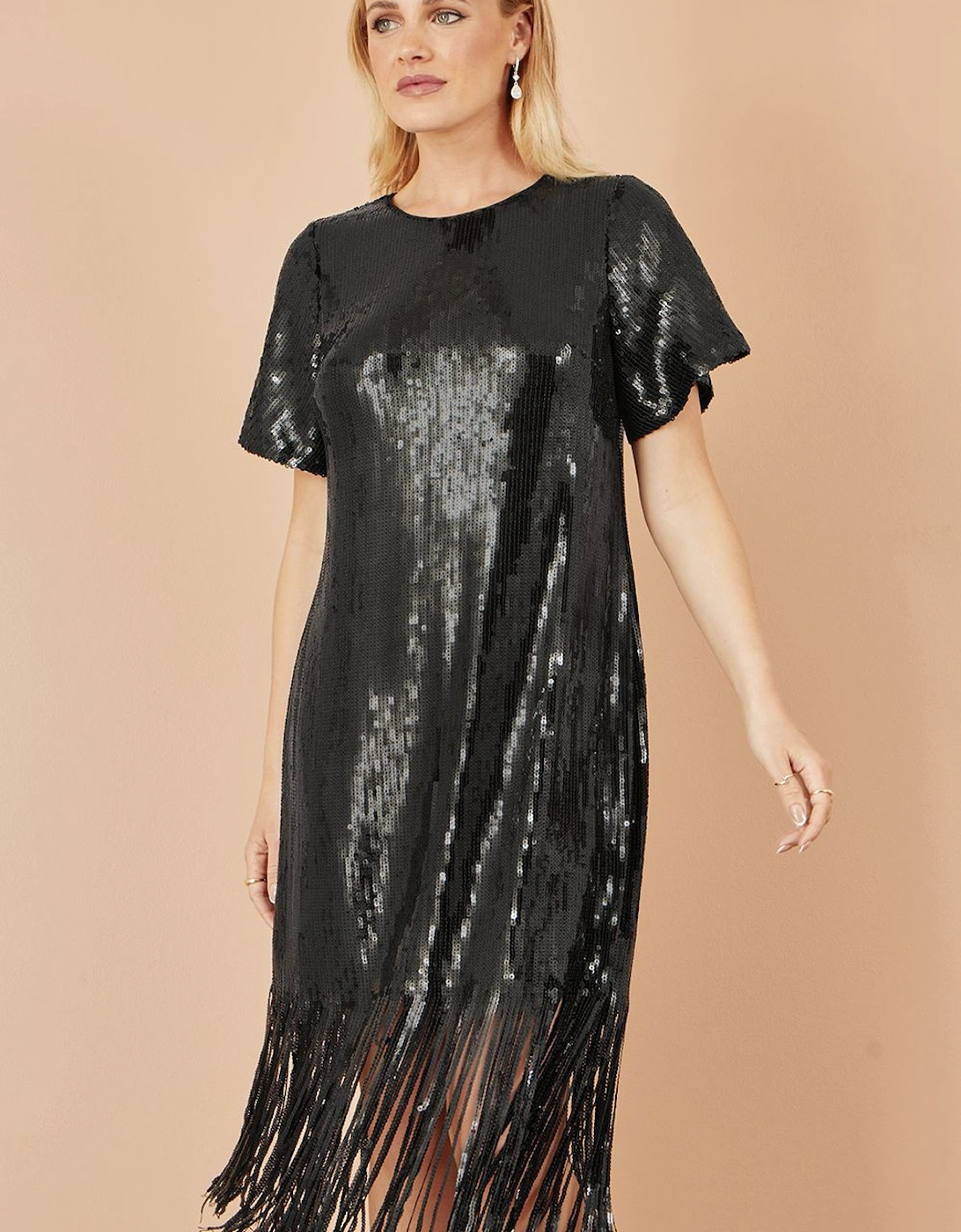 Black Sequin Tassels Hem Midi Tunic Dress, 2 of 1