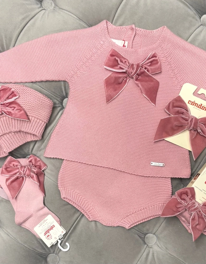 Girls Rose Pink Velvet Bow Jam Pant Set