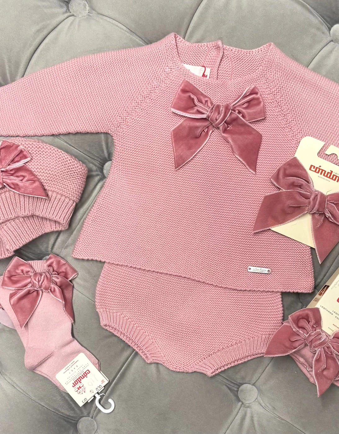 Girls Rose Pink Velvet Bow Jam Pant Set