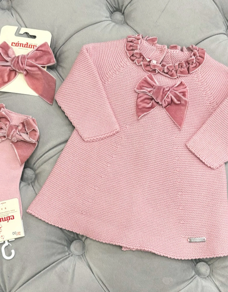 Girls Rose Pink Velvet Bow Dress