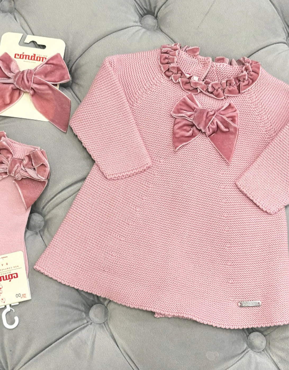 Girls Rose Pink Velvet Bow Dress, 2 of 1