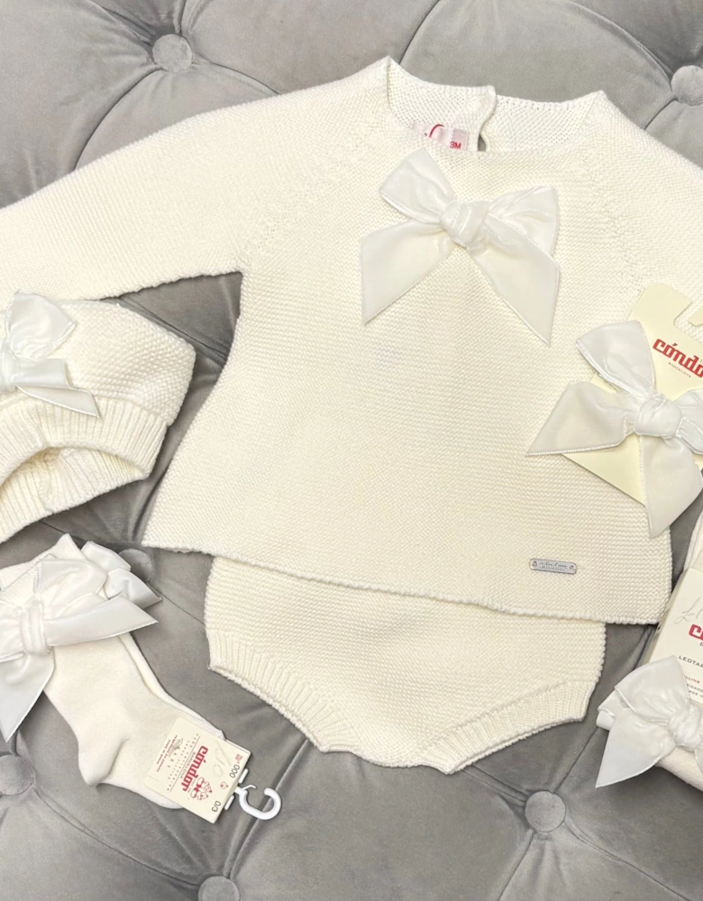Girls Cream Velvet Bow Jam Pant Set