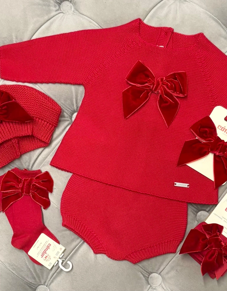 Girls Red Velvet Bow Jam Pant Set