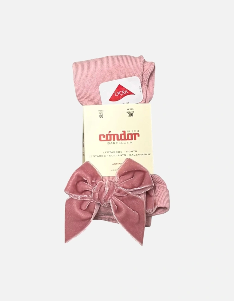 Girls Rose Pink Velvet Bow Tights