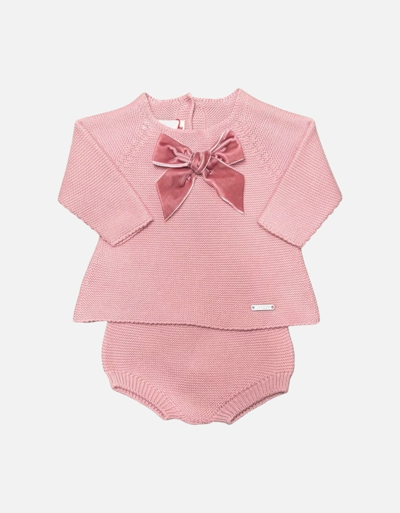 Girls Rose Pink Velvet Bow Jam Pant Set