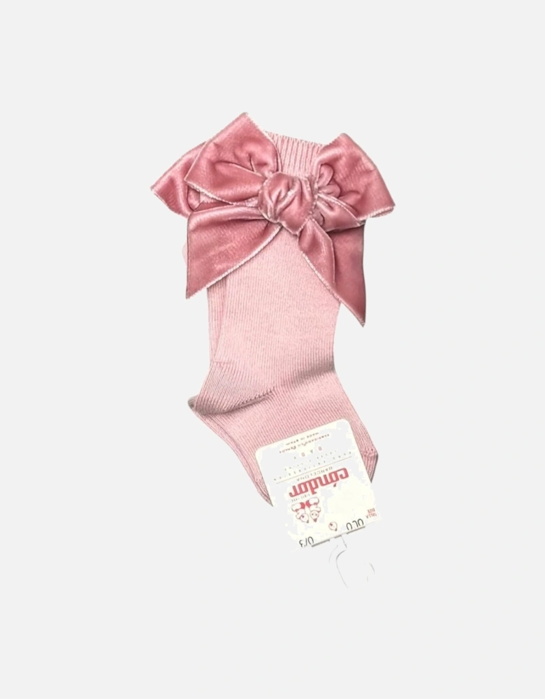 Girls Rose Pink Velvet Bow Knee Socks