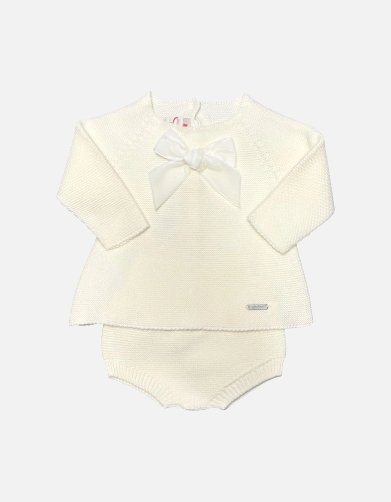 Girls Cream Velvet Bow Jam Pant Set