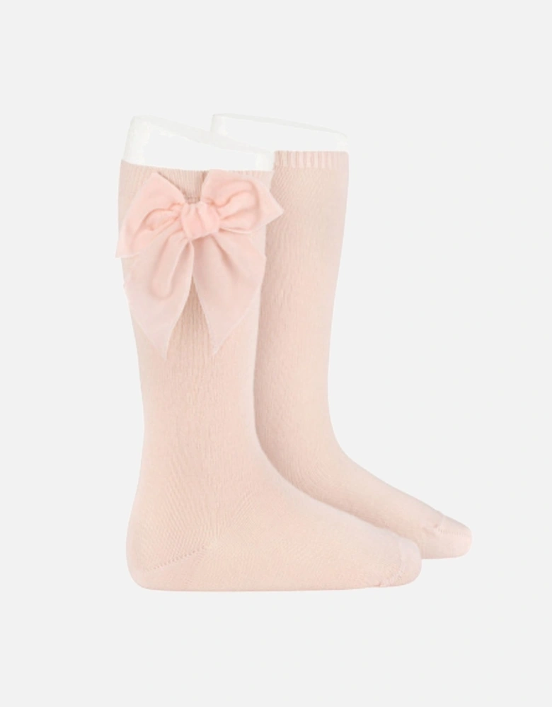 Girls Peach Velvet Bow Knee Socks
