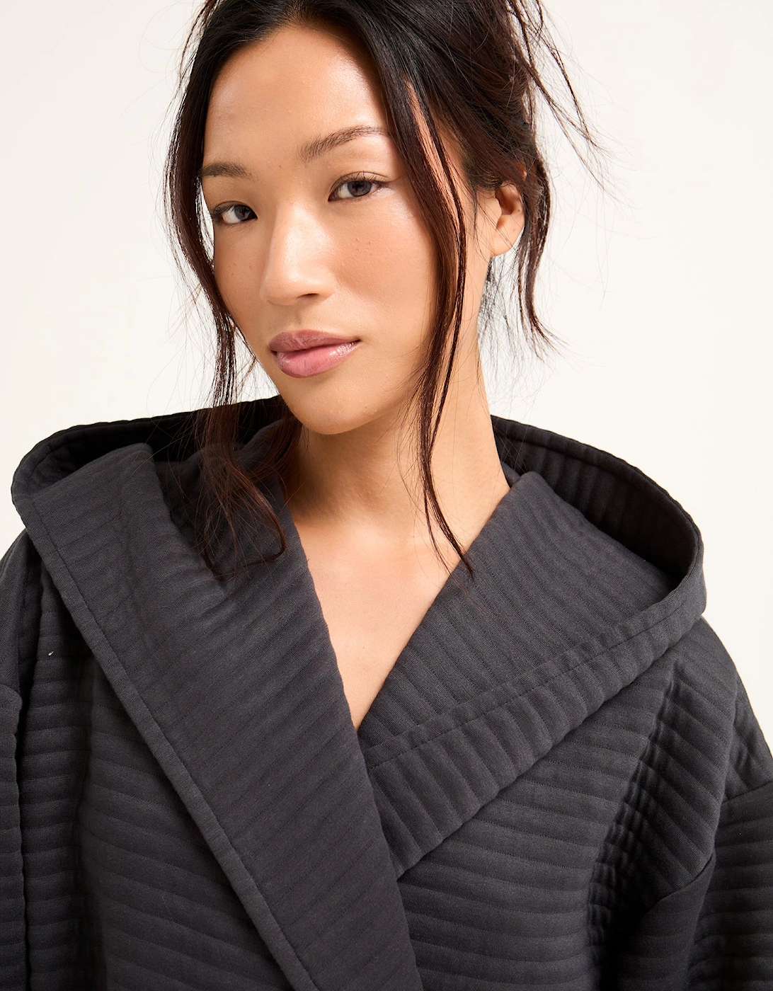 Quilted Jersey Hooded Robe in Charcoal