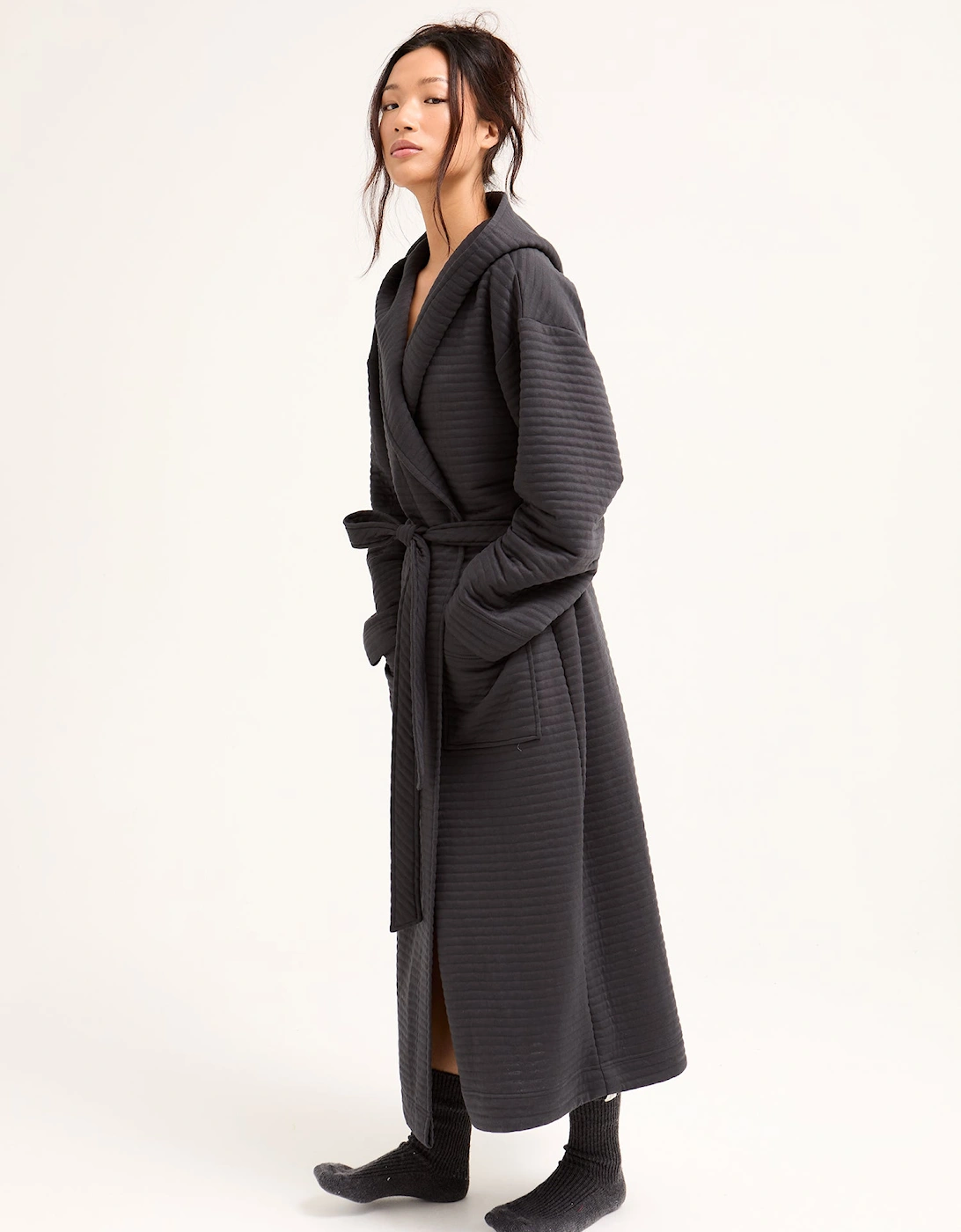 Quilted Jersey Hooded Robe in Charcoal