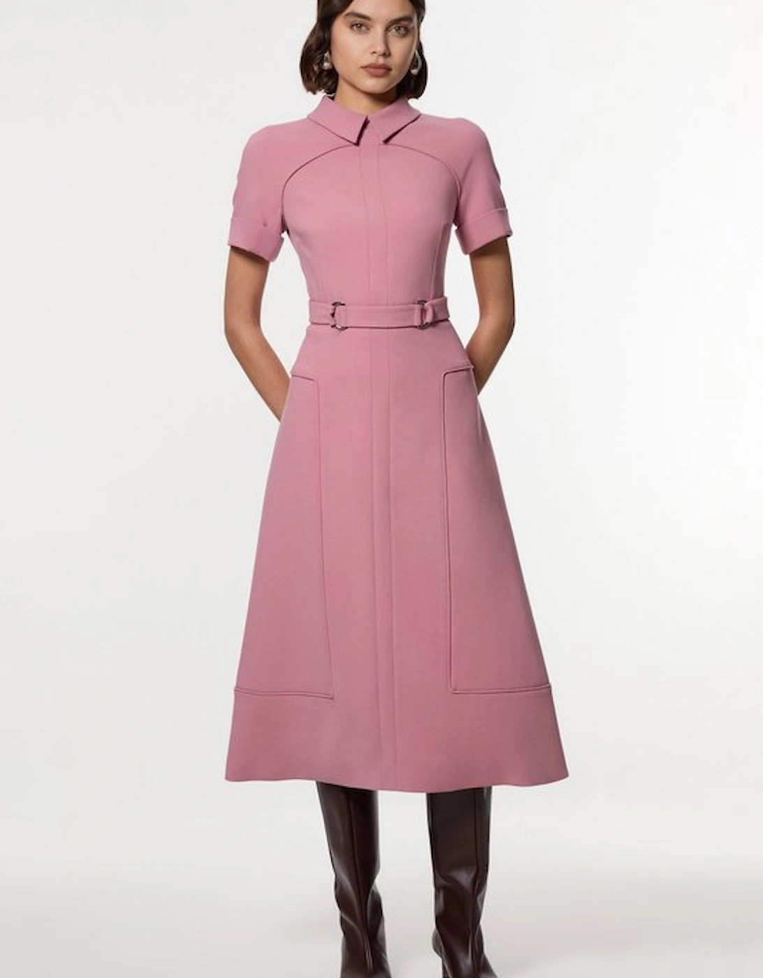 Petite Compact Stretch Tab Detail Full Skirted Midi Dress, 2 of 1