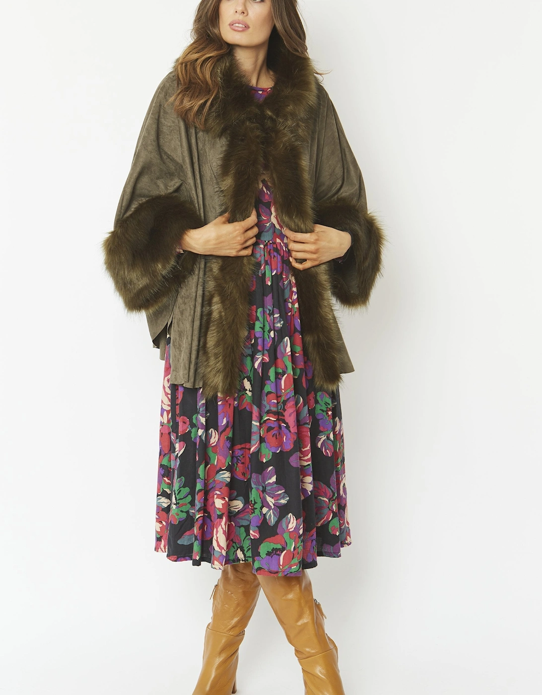 Green Faux Fur Faux Suede Cape