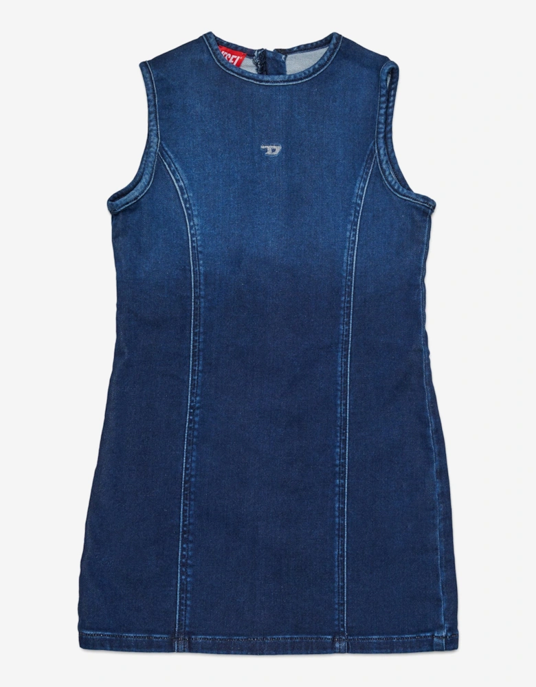 Girls Denim Stretch Sleeveless Dress in Blue