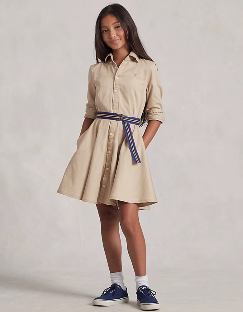 Girls Belted Chino Shirt Dress in Beige