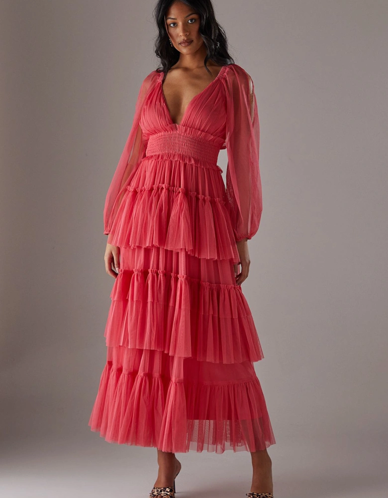 Tulle Plunge Neck Long Sleeve Tier Maxi Dress