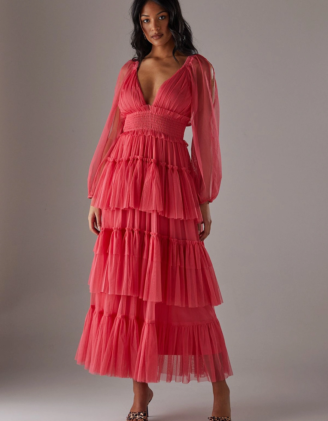 Tulle Plunge Neck Long Sleeve Tier Maxi Dress, 2 of 1