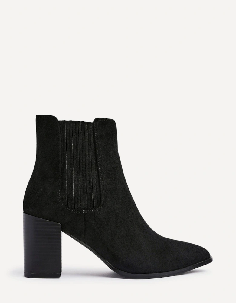 Thrive Black Suede Pointed Toe Stacked Blook Heeled Boot