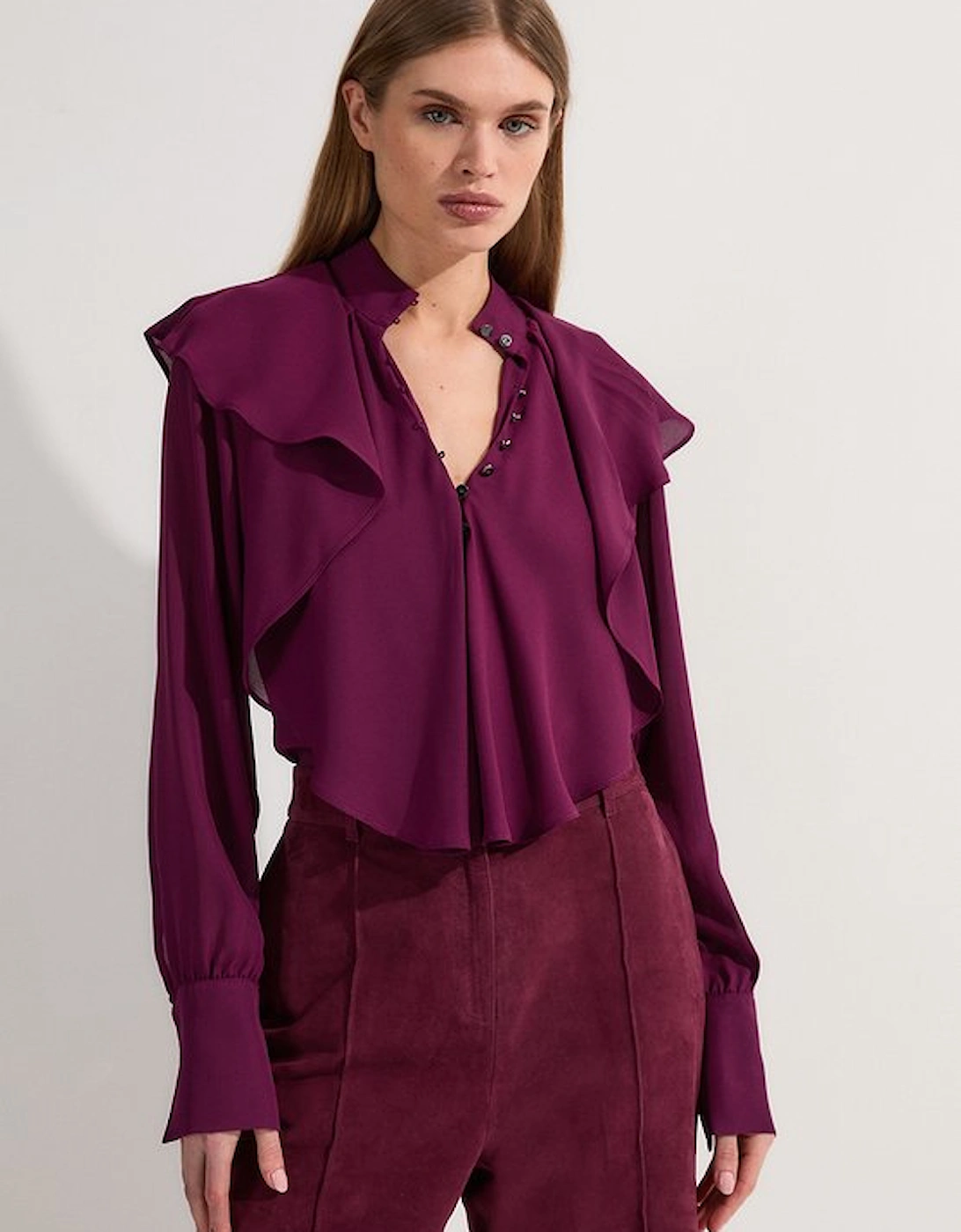 Ruffle High Neck Georgette Woven Blouse, 5 of 4
