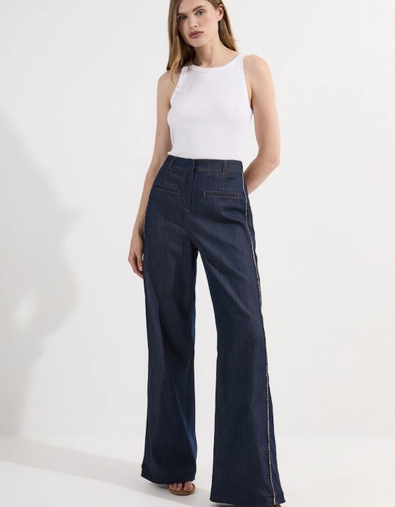 Archive Collection - Tailored Denim Belted Pocket Detail Wide Leg Trousers