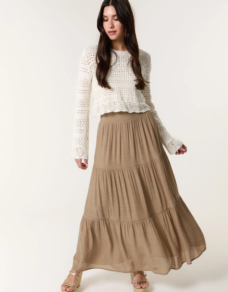Light Brown Shirring Waist Tiered Maxi Skirt