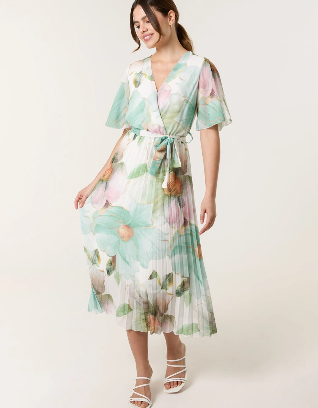 Pale Green Watercolour Floral Printed Wrap Front Pleated Dress, 2 of 1