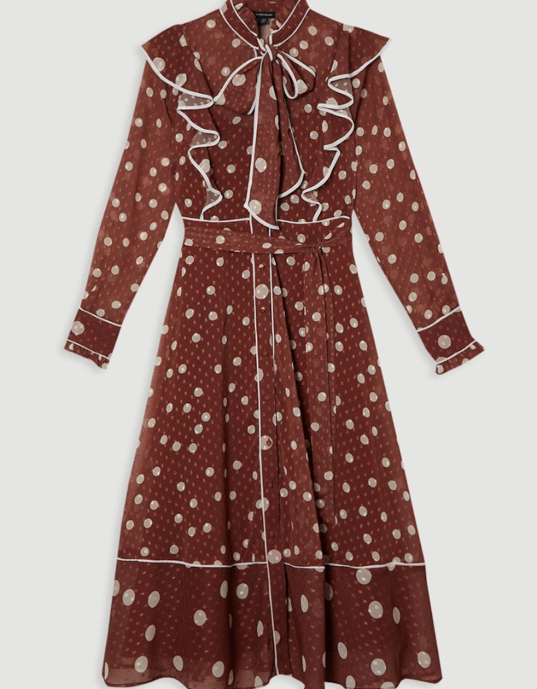 Mixed Dot Piped Ruffle Georgette Midi Dress