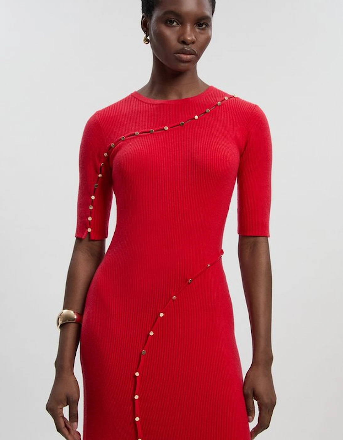 Viscose Blend Cut Out Trim Detail Knit Midi Dress