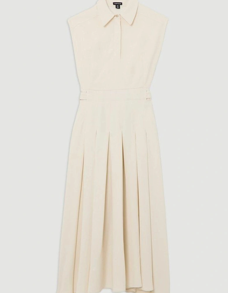 Structured Crepe Pleated Sleeveless Shirt Tailored Midi Dress
