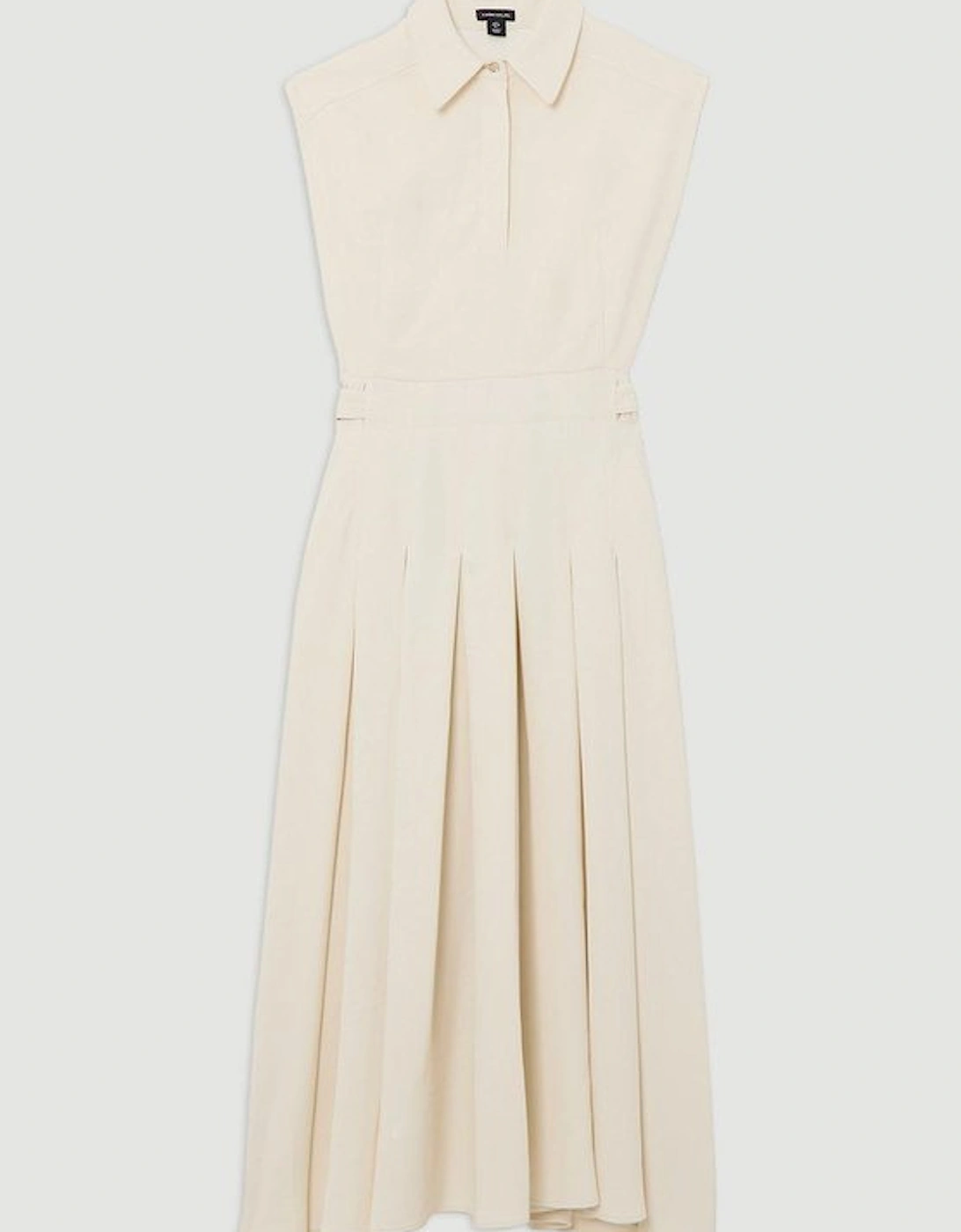 Structured Crepe Pleated Sleeveless Shirt Tailored Midi Dress