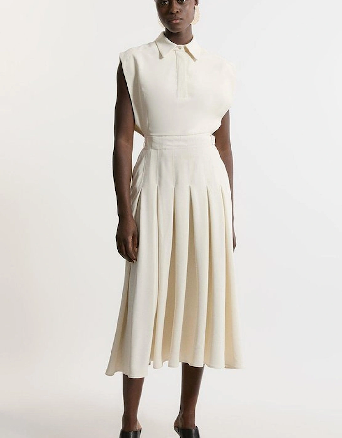 Structured Crepe Pleated Sleeveless Shirt Tailored Midi Dress, 5 of 4